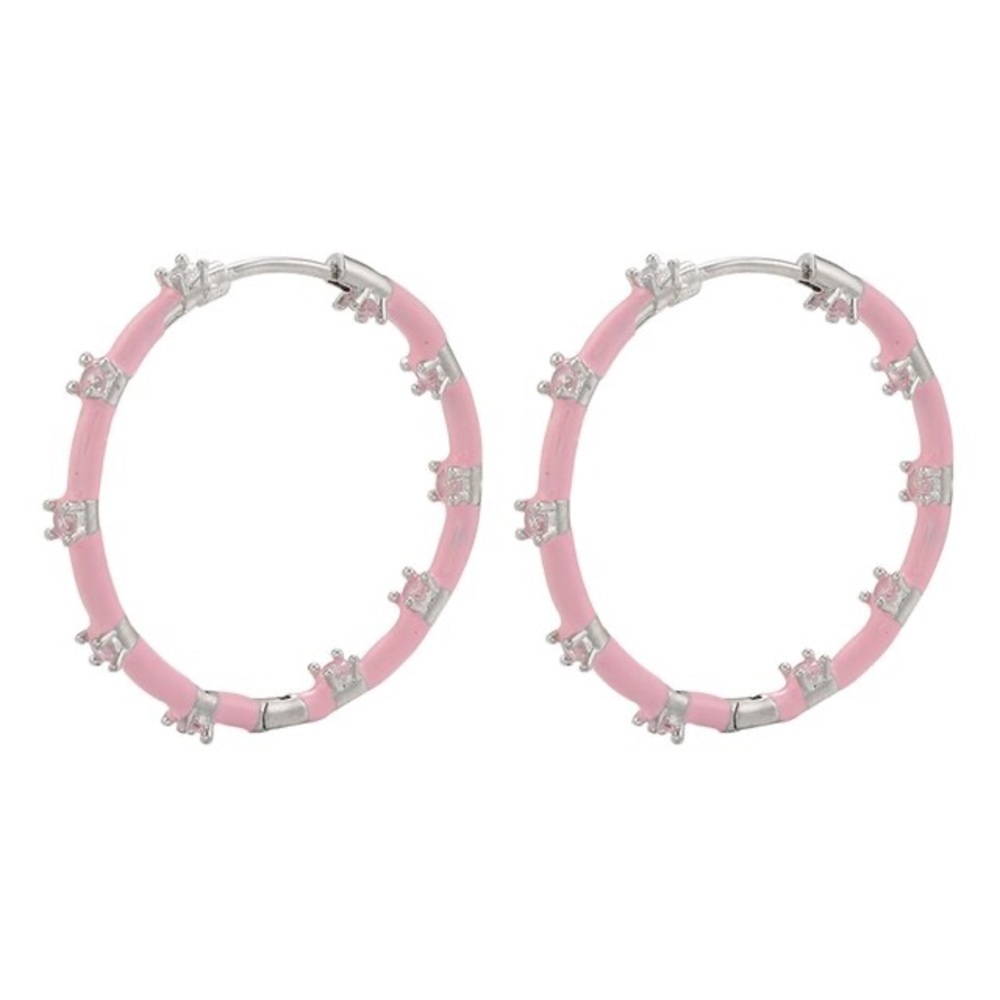 Pink Enamel Hoop Earrings with Silver Accents - Women Jewelry